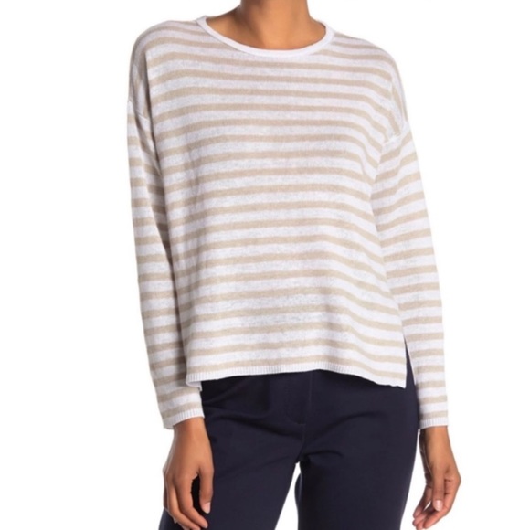 EILEEN FISHER Organic Linen Stripe Round Neck Long Sleeve Knit Box Sweater WHNAT